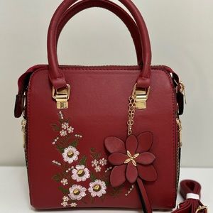Floral Red Wine Embroidery Satchel Bag